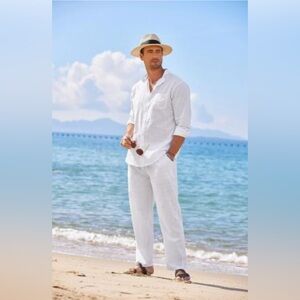 COOFANDY Casual Beach Set 2 Piece Long Sleeve Button Down Drawstring Pants Large